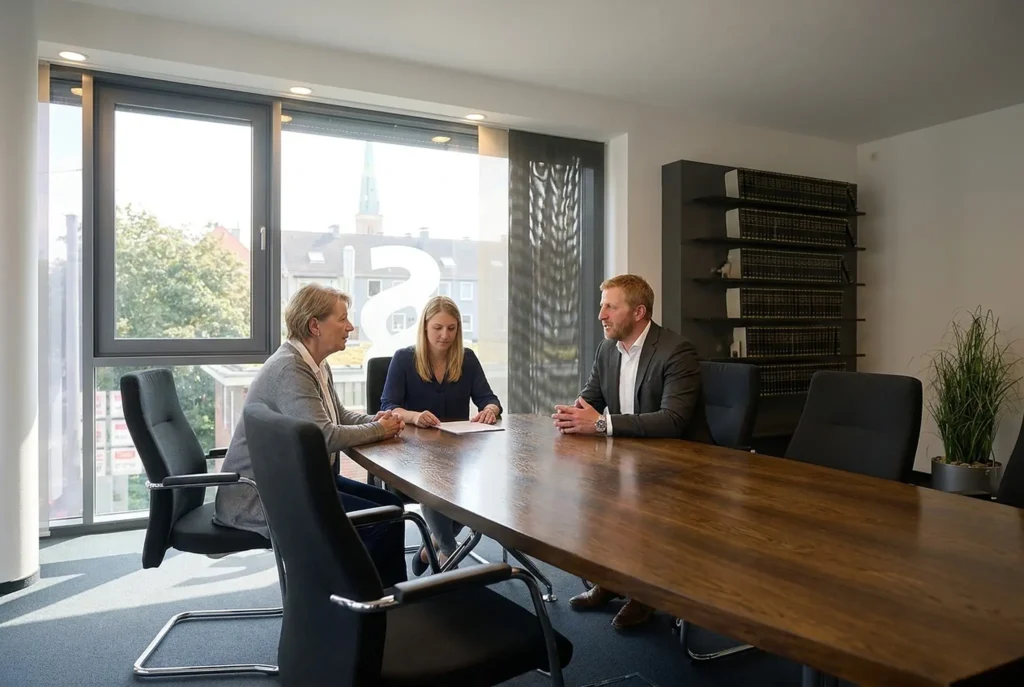 Erbrecht Dr. Kleffmann Rechtsanwälte und Notar Dortmund und Hagen; Dr. Kleffmann mit Mandanten am Besprechungstich.