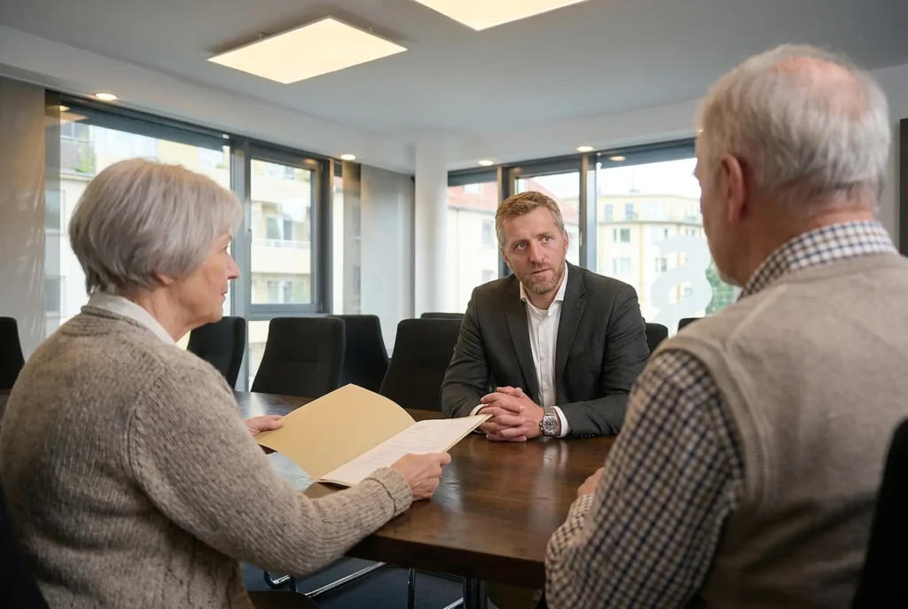 Anwalt Erbrecht in Hagen und Dortmund – Teaser; Dr. Kleffmann am Tisch mit zwei älteren Mandanten.