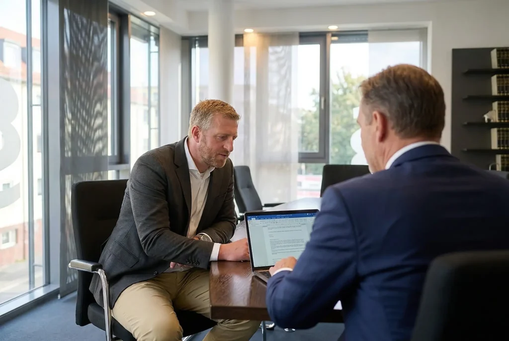 Dr. Kleffmann Rechtsanwälte und Notar – Bewertung Immobilienvermögen; Erbrecht – Dr. Kleffmann am Tisch mit einem Mandanten, der auf einen Laptop schaut.